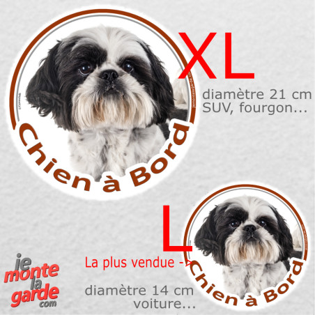 Shih-tzu noir et blanc, sticker voiture rond photo "Chien à Bord" résiste pluie soleil gel, idée cadeau, 2 Tailles D