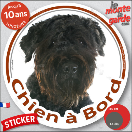 Bouvier des Flandres Tête, sticker autocollant rond "Chien à Bord" Disque photo adhésif vitre voiture auto, résiste à l'extérieu