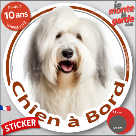 Bobtail, disque photo autocollant "Chien à Bord" Sticker adhésif rond vitre voiture, résiste à l'extérieur, bonne idée cadeau !