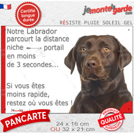 Labrador Marron Chocolat, plaque humour photo "parcourt distance Niche-Portail en moins de 3 secondes" résiste à l'extérieur, id