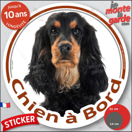 Cocker Anglais Spaniel noir et feu Tête, sticker autocollant rond photo "Chien à Bord" Disque adhésif vitre voiture, résiste à l