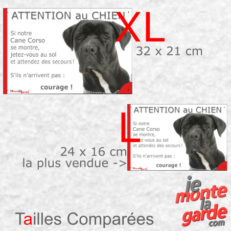 Cane Corso noir, plaque portail humour "Attention au Chien, se montre, Jetez Vous au Sol, attendez secours, courage" 2 tailles D