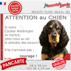 Cocker Américain noir et feu, plaque portail humour "Attention au Chien, Jetez Vous au Sol, attendez secours, courage" photo, ré