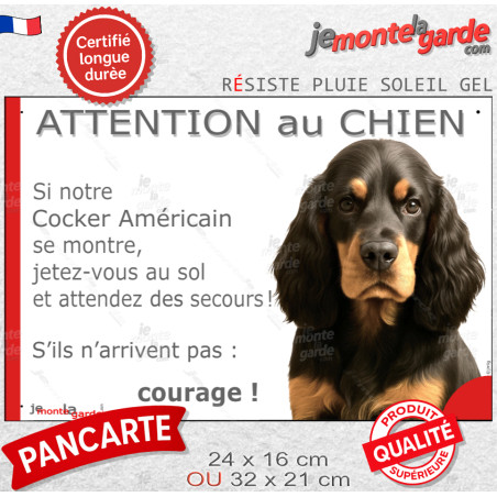 Cocker Américain noir et feu, plaque portail humour "Attention au Chien, Jetez Vous au Sol, attendez secours, courage" photo, ré
