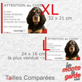 Cocker Américain noir et feu, plaque portail humour "Attention au Chien, Jetez Vous au Sol, attendez des secours" 2 tailles D