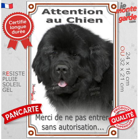 Terre neuve noir, plaque portail verticale photo "Attention au Chien, merci de ne pas entrer sans autorisation" résiste pluie so
