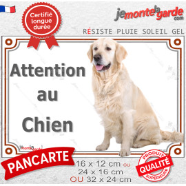 Golden Retriever assis, plaque portail photo "Attention au Chien" résiste pluie soleil gel, idée cadeau