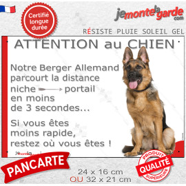 Berger Allemand noir et feu poils courts, plaque humour photo "Attention au Chien, parcourt distance Niche-Portail moins de 3 se