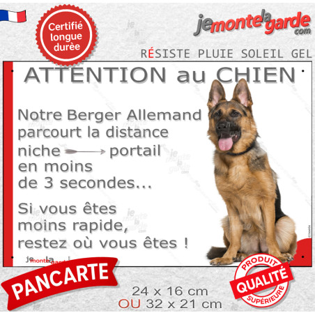 Berger Allemand poils courts, plaque humour "Attention au Chien, parcourt distance Niche-Portail moins 3 secondes" 2 tailles D Berger Allemand poils courts, plaque humour "Attention au Chien, parcourt distance Niche-Portail moins 3 secondes" 2 tailles D