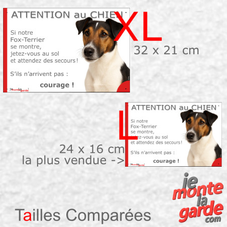 Fox-Terrier tricolore à poils lisses, plaque portail humour photo "Attention au Chien, Jetez Vous au Sol, courage" 2 tailles D