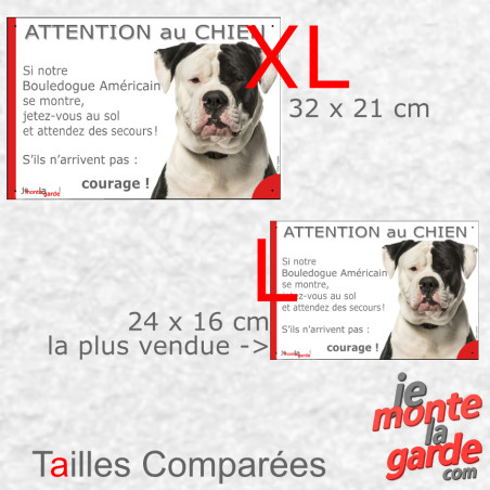 Bouledogue Américain blanc et noir, plaque portail humour "Attention au Chien, Jetez Vous au Sol, attendez secours" 3 Tailles D