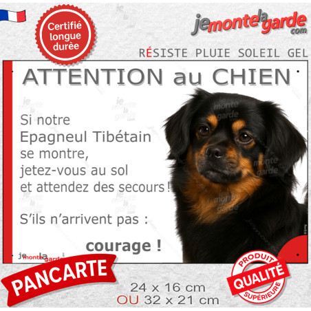 Epagneul Tibétain noir et feu, plaque portail humour "Attention au Chien, Jetez Vous au Sol, attendez secours, courage" photo ré