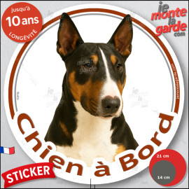 Bull Terrier tricolore Tête, sticker autocollant rond "Chien à Bord" Disque photo adhésif vitre voiture auto, résiste pluie sole