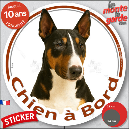 Bull Terrier tricolore Tête, sticker autocollant rond "Chien à Bord" Disque photo adhésif vitre voiture auto, résiste pluie sole