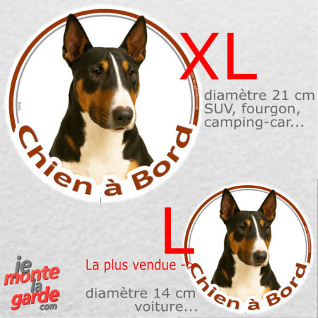 Bull Terrier tricolore, sticker voiture rond photo "Chien à Bord" résiste pluie soleil gel, idée cadeau, 2 tailles D