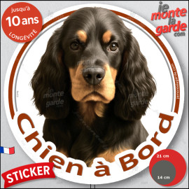 Cocker Américain noir et feu, sticker autocollant rond "Chien à Bord" Disque adhésif voiture, USA US photo, résiste pluie soleil