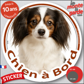 Epagneul Nain Continental Phalène, sticker autocollant rond photo "Chien à Bord" Disque adhésif voiture, résiste pluie soleil ge