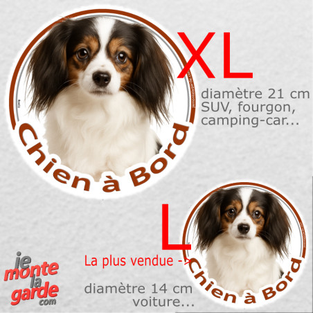 Epagneul Continental Nain Phalène, sticker voiture rond photo "Chien à Bord" résiste pluie soleil gel, idée cadeau, 2 tailles D