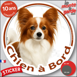 Epagneul Continental Papillon, sticker autocollant rond "Chien à Bord" disque adhésif vitre voiture marron photo, résiste pluie 