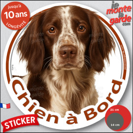 Epagneul Français, disque photo autocollant "Chien à Bord" Sticker adhésif rond vitre voiture résiste pluie soleil gel, idée cad