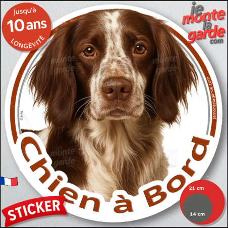 Epagneul Français, disque photo autocollant "Chien à Bord" Sticker adhésif rond vitre voiture résiste pluie soleil gel, idée cad