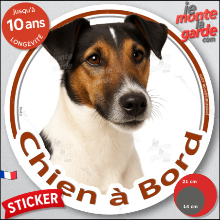 Fox-Terrier tricolore à poils lisses Tête, sticker autocollant rond "Chien à Bord" Disque photo adhésif vitre voiture, résiste p