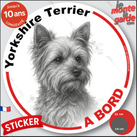 Yorkshire Terrier, sticker autocollant rond "Chien à Bord" disque adhésif vitre voiture résiste pluie soleil gel, idée cadeau