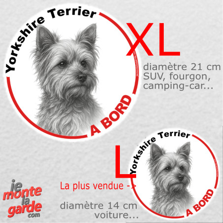 Disque autocollant voiture "Yorkshire Terrier à Bord" noir et blanc 2 tailles D