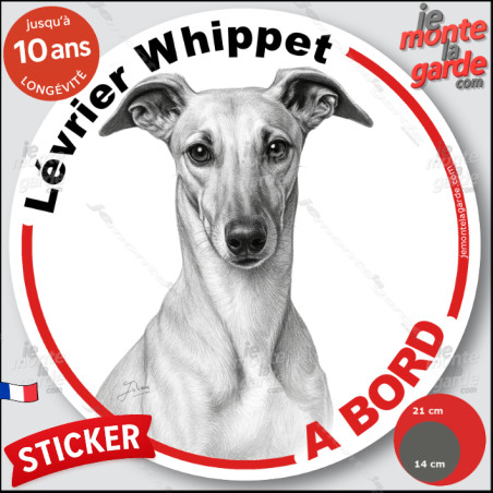 Lévrier Whippet, sticker autocollant rond "Chien à Bord" disque adhésif vitre voiture, résiste pluie soleil gel, idée cadeau