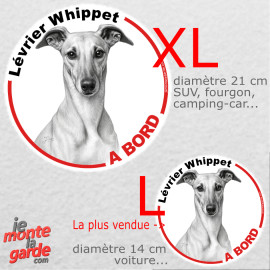 Disque autocollant voiture "Lévrier Whippet à Bord" noir et blanc, résiste pluie soleil gel, idée cadeau, 2 tailles D