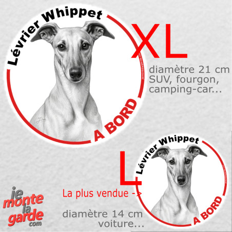 Disque autocollant voiture "Lévrier Whippet à Bord" noir et blanc, résiste pluie soleil gel, idée cadeau, 2 tailles D