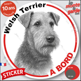 Welsh Terrier, sticker autocollant rond "Chien à Bord" disque adhésif vitre voiture résiste pluie soleil gel, idée cadeau