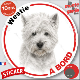 Westie, sticker autocollant rond "Chien à Bord" disque adhésif vitre voiture résiste pluie soleil gel, idée cadeau