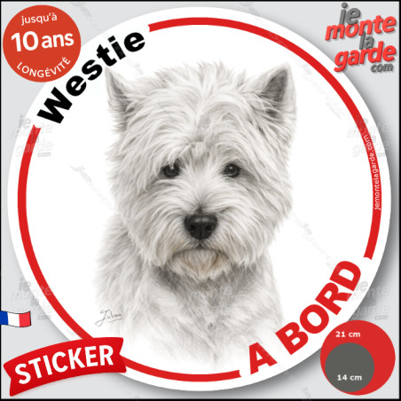 Westie, sticker autocollant rond "Chien à Bord" disque adhésif vitre voiture résiste pluie soleil gel, idée cadeau