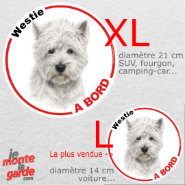 Disque autocollant voiture "Westie à Bord" dessin en noir et blanc, résiste pluie soleil gel, idée cadeau, 2 tailles D