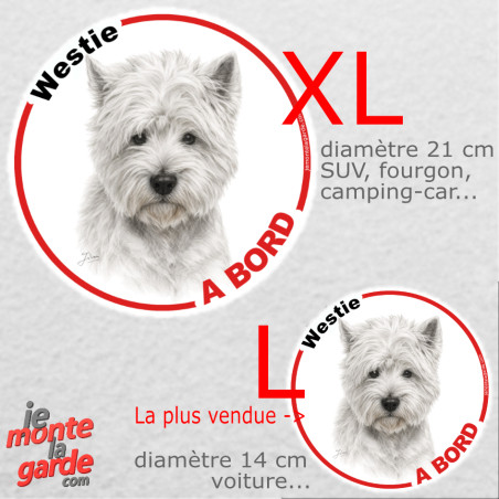 Disque autocollant voiture "Westie à Bord" dessin en noir et blanc, résiste pluie soleil gel, idée cadeau, 2 tailles D