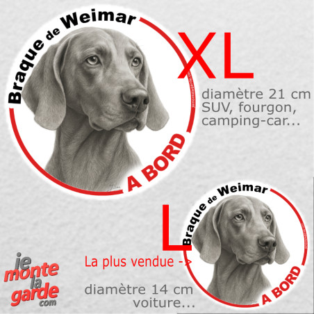Disque autocollant voiture "Braque de Weimar à Bord" noir et blanc 2 tailles D