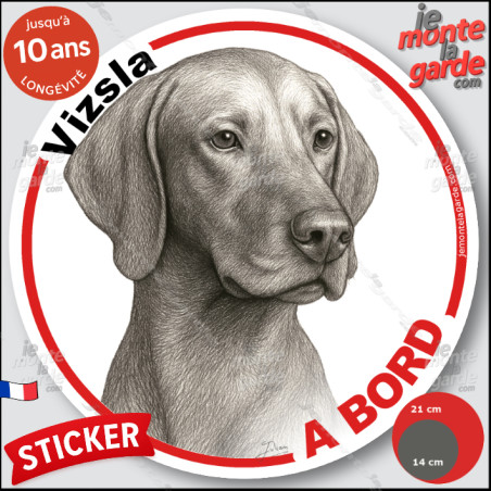Vizsla, le Braque Hongrois, sticker autocollant rond "Chien à Bord" disque adhésif vitre voiture photo, résiste pluie soleil gel