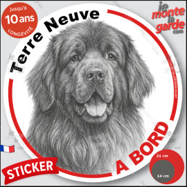 Terre Neuve, sticker autocollant rond "Chien à Bord" disque adhésif vitre voiture photo, résiste pluie soleil gel, idée cadeau