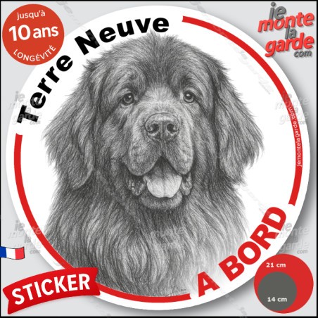 Terre Neuve, sticker autocollant rond "Chien à Bord" disque adhésif vitre voiture photo, résiste pluie soleil gel, idée cadeau