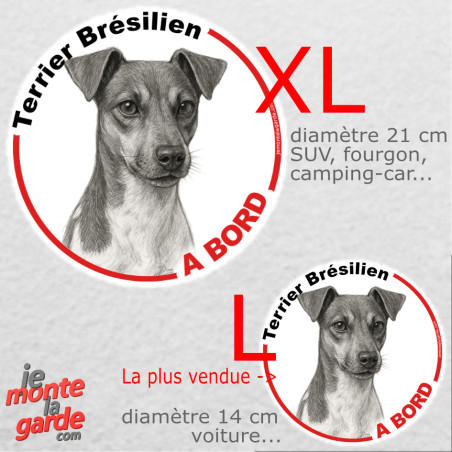 Disque autocollant voiture "Terrier Brésilien à Bord" noir et blanc 2 tailles D