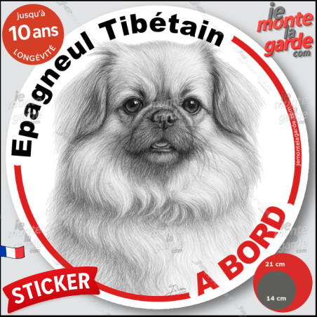 Epagneul Tibétain, sticker autocollant rond "Chien à Bord" disque adhésif vitre voiture photo, résiste pluie soleil gel, idée ca
