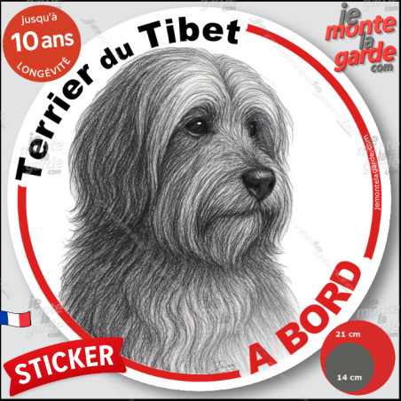 Terrier du Tibet, sticker autocollant rond "Chien à Bord" disque adhésif vitre voiture photo, résiste pluie soleil gel, idée cad