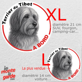 Disque autocollant voiture "Terrier du Tibet à Bord" dessin noir et blanc 2 tailles D