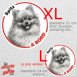 Disque autocollant voiture "Spitz à Bord" dessin noir et blanc, résiste pluie soleil gel, idée cadeau, 2 tailles D
