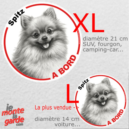 Disque autocollant voiture "Spitz à Bord" dessin noir et blanc, résiste pluie soleil gel, idée cadeau, 2 tailles D