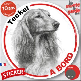 Teckel à poils longs, sticker autocollant rond "Chien à Bord" disque adhésif vitre voiture photo, résiste pluie soleil gel, idée