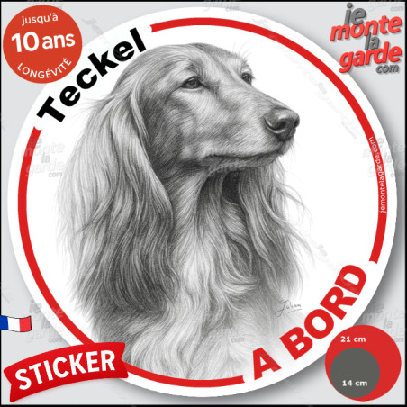 Teckel à poils longs, sticker autocollant rond "Chien à Bord" disque adhésif vitre voiture photo, résiste pluie soleil gel, idée