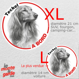 Disque autocollant voiture "Teckel à poils longs à Bord" noir et blanc 2 tailles D