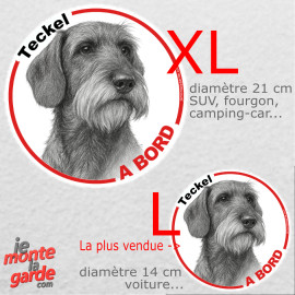 Disque autocollant voiture "Teckel à poils durs à Bord" dessin en noir et blanc, 2 tailles D